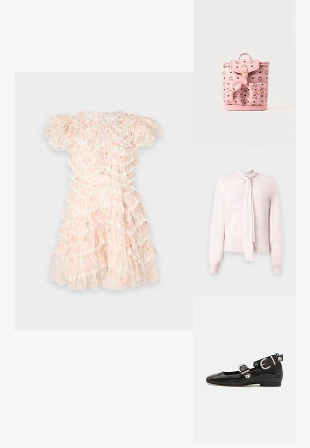 Suéter rosa claro con diseño de cuello alto, mangas largas y lazo en el cuello. Textura suave con puños y borde acanalados.; Vestido con estampado floral en rosa pastel y crema, con volantes en capas y detalles de encaje. Mangas cortas abullonadas y escote redondo.; Zapato plano de charol negro con punta cuadrada, correa de tobillo con herrajes de plata y suela plana. Textura suave con diseño minimalista.; Mochila de cuero rosa MCM con logotipos negros, tres bolsillos frontales con hebillas y un asa superior sobre un fondo claro y liso.