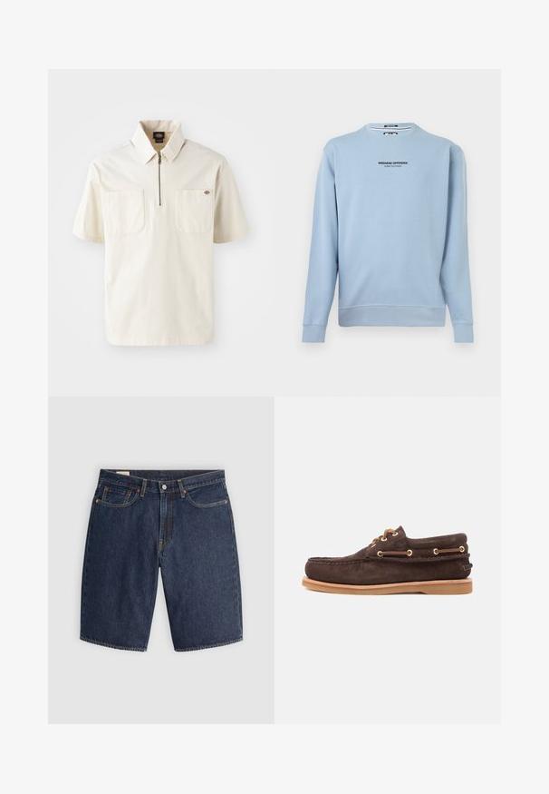 Sweat-shirt à manches longues bleu clair avec l'inscription "WEEKEND OFFENDER ADMIT NOTHING" imprimée en noir au centre de la poitrine.; Polo shirt crème à manches courtes avec un col zippé, présentant deux poches poitrine et un petit logo sur la poche gauche. Matière en mélange de coton.; Shorts en denim bleu foncé, présentant un design classique avec cinq poches, des coutures surpiquées, une fermeture à bouton et des poches arrière incurvées.; Chaussure bateau en suède marron avec des lacets en cuir, des œillets dorés, un bout moccasin cousu et une semelle en caoutchouc marron clair sur fond blanc.