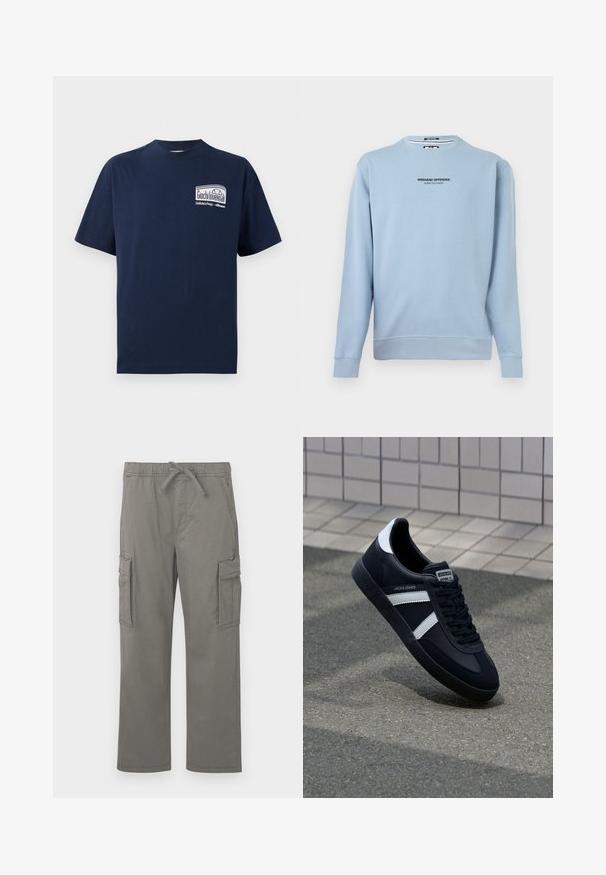 Svetlomodrá mikina s dlhým rukávom s nápisom "WEEKEND OFFENDER ADMIT NOTHING" vytlačeným čiernou farbou v strede na hrudi.; Námornícky bavlnený tričko s guľatým výstrihom. Na prednej strane sa nachádza biely grafický dizajn s textom "Giochi Invernali" v obdlžnikovom tvare. Krátke rukávy.; Sivé rovné nohavice s cargo strihom a elastickým pásom, so šnúrkou na stiahnutie, bočnými vreckami na klopu a prednými vreckami v šve, zobrazené na bielom pozadí.; Čierne kožené tenisky s bielymi pruhmi, textúrovanou gumovou podrážkou a šnurovaním vpredu. Obsahujú označenie značky na jazyku.