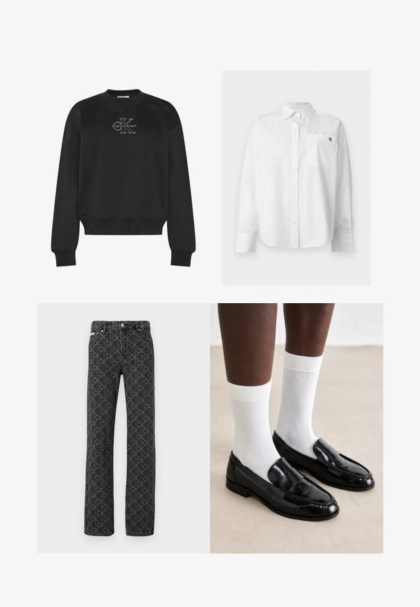 Čierna dlhá mikina s okrúhlym výstrihom a bielym logom Calvin Klein "CK" umiestneným v strede na hrudi, s rebrovanými lemami na rukávoch a spodnom okraji.; Biela košeľa s dlhým rukávom na gombíky, so špicatým golierom a predným vreckom s malým čiernym logom "CK" na ľavej strane hrude.; Čierne rifle z denimu s jemným celoplošným vzorom loga. Dizajn s rovnými nohavicami, štýl s piatimi vreckami a kovové zapínanie na gombík.; Čierne lakované kožené loafers s prešívaným dizajnom, skombinované s bielymi bavlnenými ponožkami do členkov, vystavené na svetlom podklade.