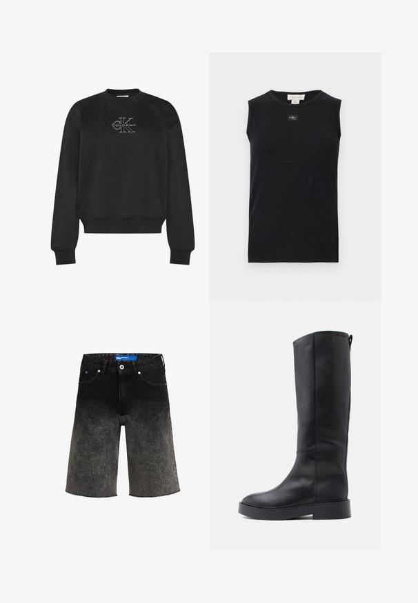 Zwarte sweater met lange mouwen en ronde hals, met wit Calvin Klein "CK"-logo centraal op de borst, geribbelde manchetten en zoom.; Zwart mouwloos, geribbeld tanktop met ronde hals en een klein Calvin Klein-logoplaatje in het midden onder de kraag.; Zwarte denim shorts met een vervaging van donker naar licht. Heeft een rafelrand, twee voorzakken en een blauwe merklabel op de tailleband.; Zwarte leren laarzen tot net onder de knie, met een strak ontwerp, platte zool, minimale stiksels en een onopvallende ritssluiting aan de zijkant.