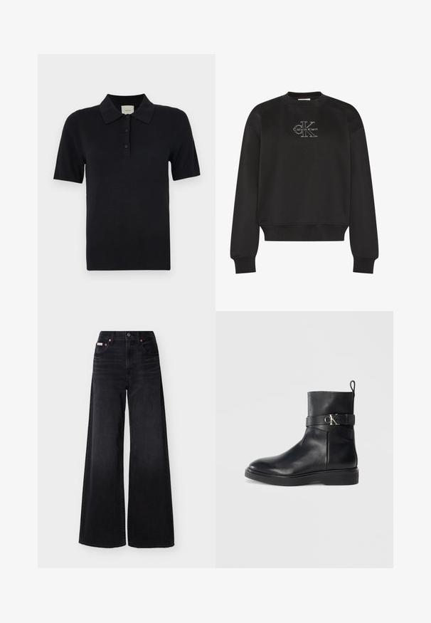 Čierna dlhá mikina s okrúhlym výstrihom a bielym logom Calvin Klein "CK" umiestneným v strede na hrudi, s rebrovanými lemami na rukávoch a spodnom okraji.; Calvin Klein FINE GAUGE - Polokošeľa - black; Čierne rifle s širokými nohavicami a vysokým pásom, predné zapínanie na gombíky a zips, pútka na opasok a dizajn s piatimi vreckami.; Čierne kožené členkové boty s plochou podrážkou, so bočným pásikom a detailom strieborného loga CK. Hladká textúra a elegantný dizajn.