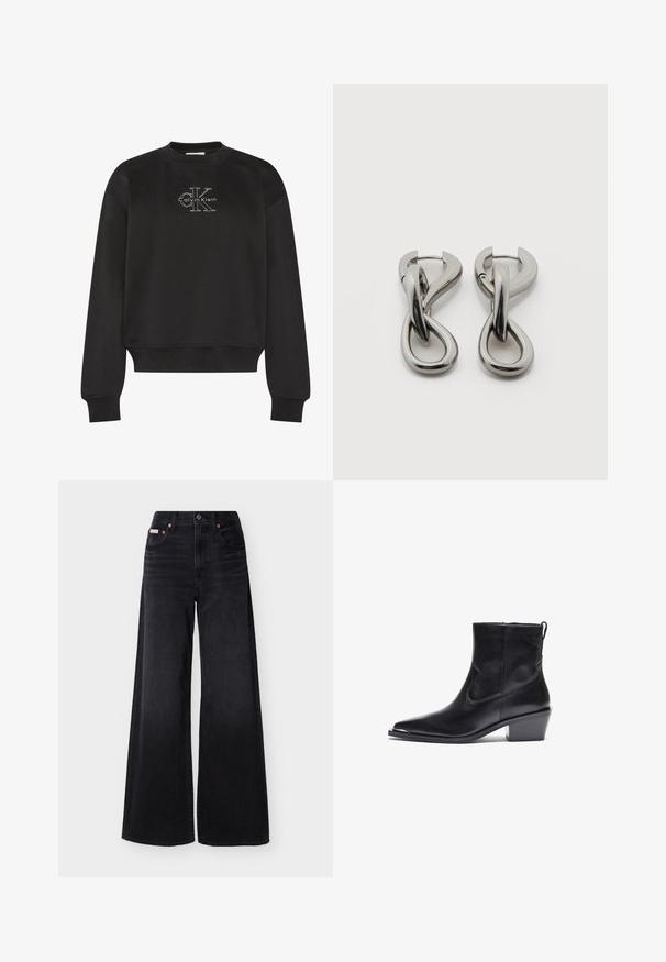 Zwarte sweater met lange mouwen en ronde hals, met wit Calvin Klein "CK"-logo centraal op de borst, geribbelde manchetten en zoom.; Zwarte wijde jeans met hoge taille, knoop- en ritssluiting aan de voorkant, lussen voor een riem en een ontwerp met vijf zakken.; Zwarte leren enkelboot met een spitse neus en een lage blokhak. Heeft een zijrits en minimale stiksels voor een stijlvolle uitstraling.; Set zilverkleurige metalen oorbellen met een abstract ontwerp van in elkaar grijpende lussen op een witte achtergrond.