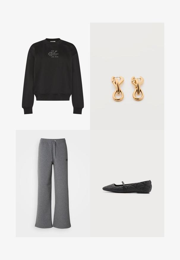 Sudadera negra de manga larga con cuello redondo y el logo blanco "CK" de Calvin Klein centrado en el pecho, con puños y dobladillo acanalados.; Pantalones de chándal grises hechos de una tela suave, con una cinturilla con cordón, piernas anchas y un discreto detalle de logo en el lateral.; Zapato plano negro de punta puntiaguda con patrones geométricos acolchados y una fina correa sobre el empeine sobre un fondo liso.; Par de pendientes de aro con acabado dorado brillante sobre fondo blanco liso, con diseño entrelazado y torsionado.