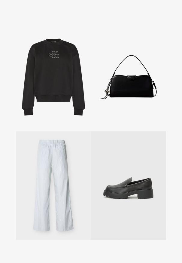 Sweat-shirt noir à manches longues et col rond avec logo "CK" blanc de Calvin Klein centré sur la poitrine, poignets et ourlet côtelés.; Pantalon blanc à fines rayures verticales bleues, taille élastique, coupe droite et tissu léger pour un port décontracté.; Mocassins en cuir noir avec un bout arrondi, une semelle épaisse et texturée, et des détails de couture minimalistes. Design épuré sans lacets ni métal visibles.; Sac à main rectangulaire noir Calvin Klein avec une seule sangle supérieure, un charm logo argenté et une petite fermeture à rabat sur le devant.