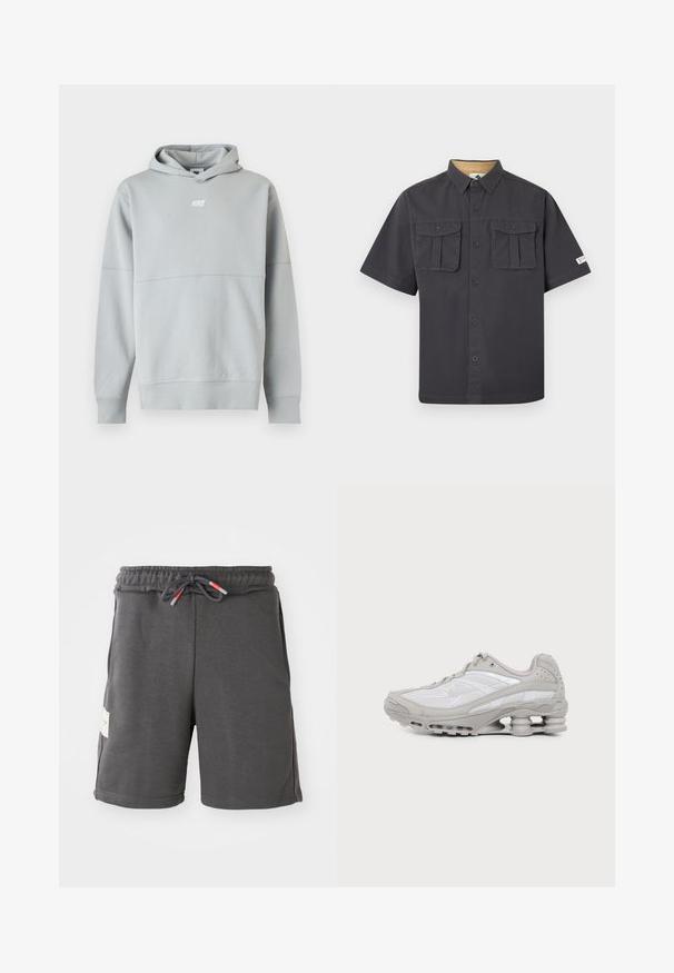 Helehall Nike dressipluus eest logoga, pikkade varrukate ja kapuutsiga, esitatud ühevärvilise valge taustaga.; Lühikeste varrukatega tumehall nööbitav särk kahe nööpidega rinnataskuga ja sildiga vasakul varrukal.; Hallid hallid spordilühikesed püksid elastse vöökoha ja tõmblukuga. Omab küljetaskuid ja kangast silti vasakul küljel. Kerge materjal.; Hall-valge spordijalats nähtava õhkmadratsi ja võrgust detailidega, esitatud küljepildina lihtsal heledal taustal.