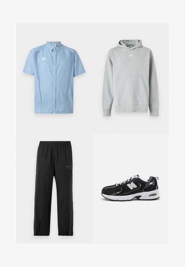 Sweat à capuche Nike gris clair avec logo sur le devant, manches longues et capuche, présenté sur un fond blanc uni.; Chemise à manches courtes bleu clair avec fines rayures verticales, panneaux latéraux contrastés et logo Umbro blanc sur la poitrine gauche.; Pantalon de sport noir avec taille et chevilles élastiques, doté de bandes latérales et d'un petit logo New Balance sur le haut de la cuisse gauche.; Baskets de sport noires et grises avec un tige en mesh et en suède, présentant une semelle intermédiaire blanche, des lacets et un logo "N" audacieux sur le côté.