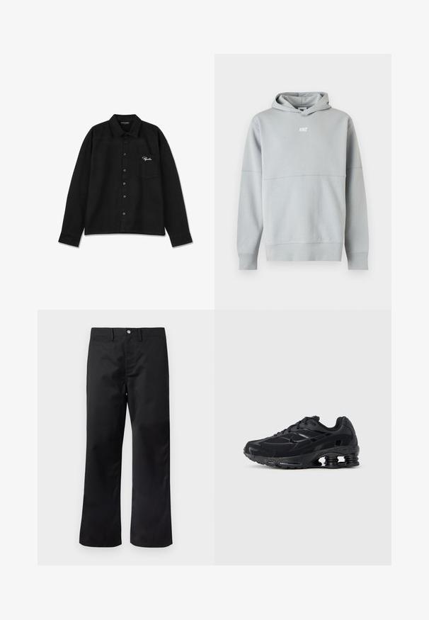 Lysegrå Nike hoodie med frontlogo, lange ærmer og hætte, vist mod en ensfarvet hvid baggrund.; Sort langærmet skjorte lavet af stof, med krave, knap-lukning foran, enkelt brystlomme og broderet logo i hvid på lommen.; Sorte bukser med lige ben, lavet af glat stof. Har sidelommer og knaplukning i taljen.; Sort atletiksko med mesh-overdel, polstret krave og markant støddæmpningsteknologi ved hælen. Har teksturerede detaljer og snørebånd.