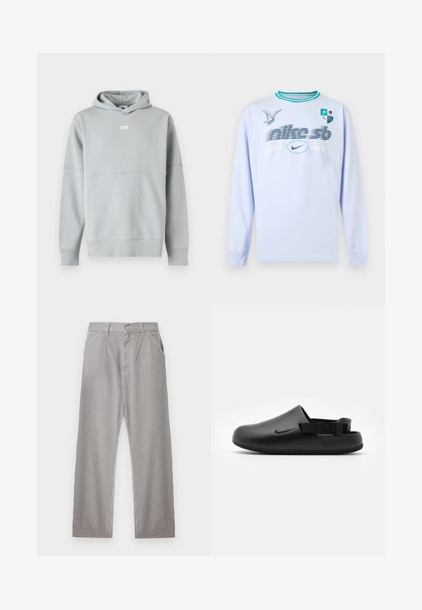 Hellgrauer Nike-Hoodie mit Frontlogo, langen Ärmeln und Kapuze, vor weißem Hintergrund präsentiert.; Hellblaues Langarmshirt mit türkisfarbenen Kragenstreifen, grafischem Text "nike sb EST. 2002", Nike-Logo, Vogelillustration und einem Wappen mit vier Symbolen auf der Brust.; Herren-Hosen mit vertikalen schwarzen und weißen Nadelstreifen, vorderer Knopfverschluss, Gürtelschlaufen und Seitentaschen.; Schwarze geformte Clogs mit glatter Textur, einem Hinterriemen für Stabilität und einer geriffelten Sohle für Grip. Mit kleinem Logo an der Seite.