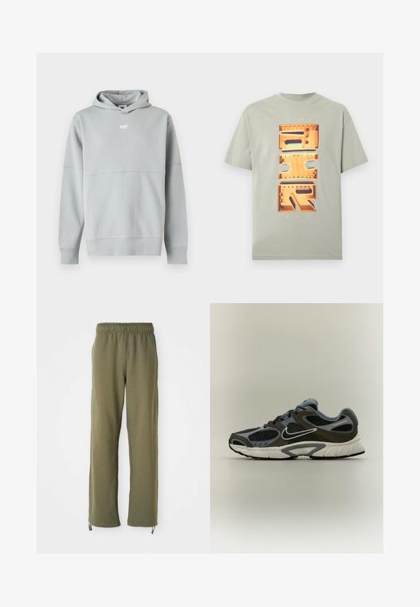 Svetlosivá mikina Nike s kapucňou, predným logom a dlhými rukávmi, zobrazená na bielom pozadí.; Svetlosivé tričko s krátkym rukávom s veľkým zvislým oranžovým metalickým nápisom NIKE AIR a malým textom „NIKE MAX“ hore a dole.; Olivovozelené bavlnené tepláky s elastickým pásom, rovnými nohavicami a nastaviteľnými šnúrkami na členkoch. Mäkko tkané, voľný strih.; Čierno-sivé bežecké topánky Nike s bielou podrážkou a logom, priedušnými sieťovinovými panelmi a polstrovaným golierom, zobrazené z profilu na neutrálnom pozadí.