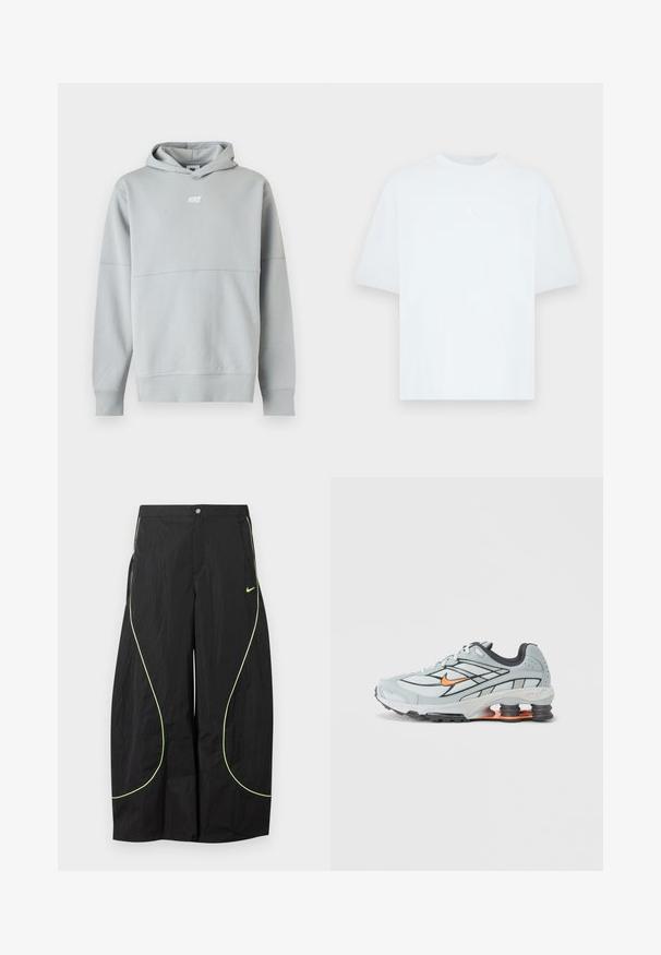 Ανοιχτό γκρι φούτερ Nike με λογότυπο μπροστά, μακριά μανίκια και κουκούλα, εμφανίζεται σε απλό λευκό φόντο.; Ανοιχτό μπλε κοντομάνικο μπλουζάκι από βαμβάκι με στρογγυλή λαιμόκοψη. Διαθέτει μικρό λευκό λογότυπο Jordan στο στήθος.; Μαύρο παντελόνι Nike με φαρδιά μπάσκα, νεον πράσινη καμπύλη διακόσμηση και μικρό λογότυπο Nike Swoosh στο δεξί μηρό, κλείσιμο με κουμπί και φερμουάρ στη μέση.; Ανοιχτό γκρι αθλητικό παπούτσι με μαύρες λεπτομέρειες, πορτοκαλί λογότυπο, διχτυωτό επάνω μέρος, επενδεδυμένο κολάρο και λαστιχένια σόλα με ορατές μονάδες απορρόφησης κραδασμών.