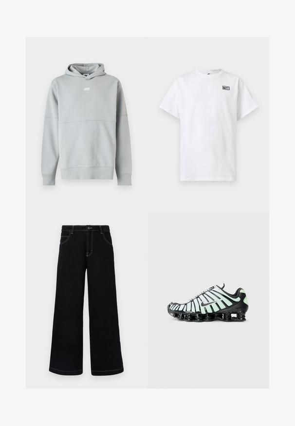 Lichtgrijze Nike hoodie met voorkantlogo, lange mouwen en een capuchon, weergegeven tegen een effen witte achtergrond.; Wit T-shirt met korte mouwen en ronde hals, met een klein zwart Nike swoosh-logo in een rechthoek op de linkerborst.; Zwarte wijde spijkerbroek met knoopsluiting, vijf zakken en contrasterende witte stiksels langs de naden.; Nike sportschoen met een zwart en mintgroen ontwerp, mesh bovenwerk met gebogen accenten en een opvallende zwarte dempingzool.