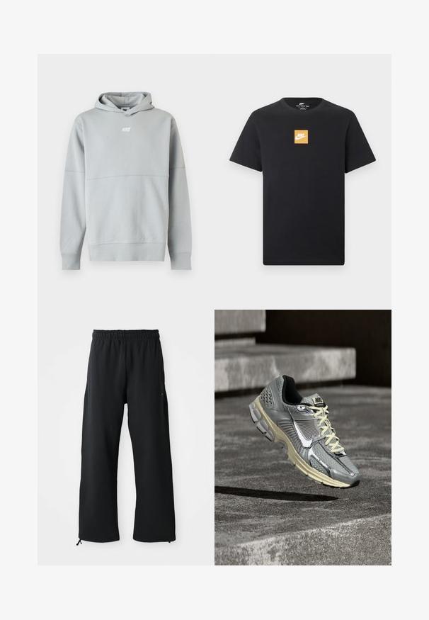 Ανοιχτό γκρι φούτερ Nike με λογότυπο μπροστά, μακριά μανίκια και κουκούλα, εμφανίζεται σε απλό λευκό φόντο.; Μαύρο μπλουζάκι Nike με κοντά μανίκια, με ένα μικρό πορτοκαλί τετράγωνο λογότυπο και άσπρο λογότυπο Nike στην κεντρική θέση του στήθους.; Μαύρο παντελόνι με φαρδιά φινέτσα, κατασκευασμένο από μαλακό ύφασμα, διαθέτοντας ελαστική μέση και κορδόνι, με πλαινές τσέπες και λεία υφή.; Γκρι και μπεζ αθλητικό παπούτσι Nike για τρέξιμο με λευκά κορδόνια και μεγάλο λευκό σήμα, τοποθετημένο σαν να αιωρείται πάνω από μια τσιμεντένια επιφάνεια.