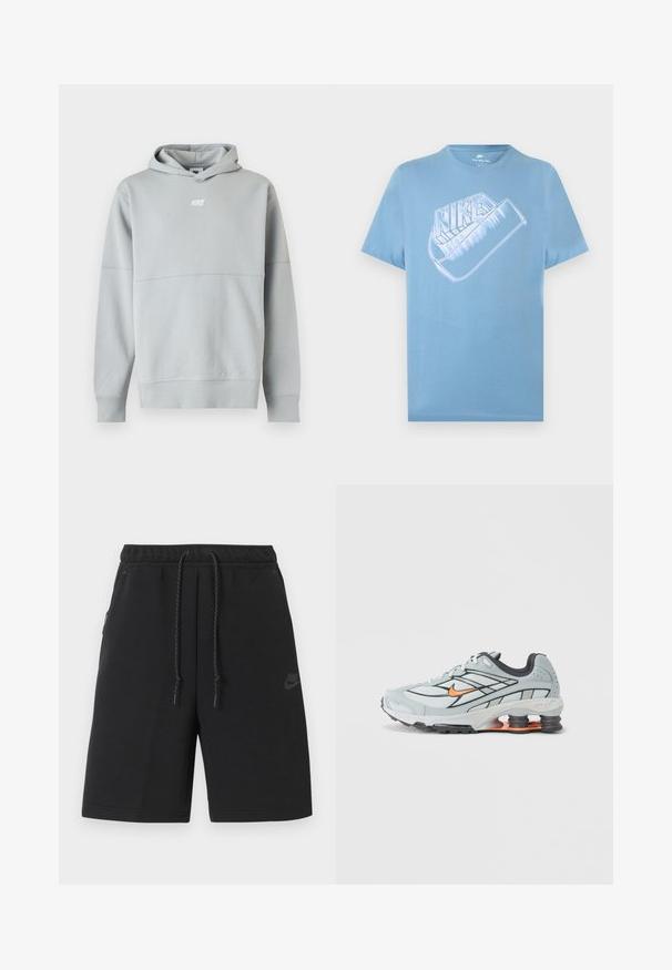 Ανοιχτό γκρι φούτερ Nike με λογότυπο μπροστά, μακριά μανίκια και κουκούλα, εμφανίζεται σε απλό λευκό φόντο.; Ανοιχτό μπλε κοντομάνικο T-shirt της Nike με μεγάλο στυλιζαρισμένο λογότυπο της Nike σε λευκό και το σύμβολο "swoosh" στο στήθος.; Μαύρο αθλητικό σορτς Nike με ελαστική μέση, κορδόνι ρύθμισης, πλαϊνές τσέπες και διακριτικό λογότυπο στο αριστερό μηρό.; Ανοιχτό γκρι αθλητικό παπούτσι με μαύρες λεπτομέρειες, πορτοκαλί λογότυπο, διχτυωτό επάνω μέρος, επενδεδυμένο κολάρο και λαστιχένια σόλα με ορατές μονάδες απορρόφησης κραδασμών.
