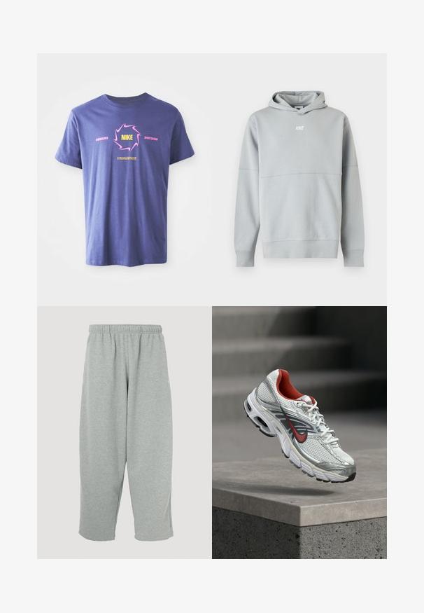 Lichtgrijze Nike hoodie met voorkantlogo, lange mouwen en een capuchon, weergegeven tegen een effen witte achtergrond.; Paarse katoenen T-shirt met korte mouwen met een gewaagd grafisch ontwerp. Bevat "Nike" in het geel binnen een roze draaikolk en tekstaccenten.; Lichtgrijze joggingbroek met een elastische tailleband, taps toelopend ontwerp en zachte textuur. Geen zichtbare merklogo's of patronen.; Witte en zilveren Nike hardloopschoen met rode accenten die zweeft boven een betonnen rand, waarbij de zijkant en zool details worden getoond.