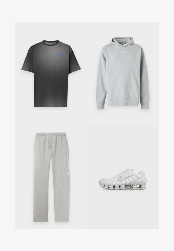 Ανοιχτό γκρι φούτερ Nike με λογότυπο μπροστά, μακριά μανίκια και κουκούλα, εμφανίζεται σε απλό λευκό φόντο.; Γκρι κοντομάνικη μπλούζα με διακριτική διαβάθμιση χρώματος, στρογγυλή λαιμόκοψη και μικρό μπλε λογότυπο στο στήθος. Ομαλή υφή υφάσματος.; Γκρι φόρμες από μαλακό υλικό με ελαστική μέση. Διαθέτουν λευκή επιγραφή "JUST DO IT" και λογότυπο Nike swoosh σε ένα πόδι.; Λευκό αθλητικό παπούτσι Nike με ορατή αεριζόμενη σόλα και ασημένιο λογότυπο Swoosh στο πλάι, απεικονιζόμενο από την εξωτερική πλευρά.