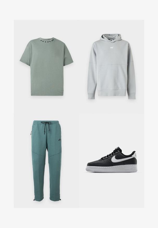 Svetlosivá mikina Nike s kapucňou, predným logom a dlhými rukávmi, zobrazená na bielom pozadí.; Svetlozelené tričko Nike s krátkym rukávom a okrúhlym výstrihom, s čiernym nápisom "NIKE" blízko goliera, zobrazené na jednoduchom bielom pozadí.; Tmavomodré tepláky Nike s čiernym šnúrkovým pásom, zipsovými bočnými vreckami, detailmi na kolenách a zúženými nohavicami s nastaviteľnými manžetami.; Čierne kožené tenisky s textúrovaným povrchom, biely Nike swoosh, šedá podrážka, okrúle špičky a šnurovací dizajn. Obsahuje perforácie na špičke.