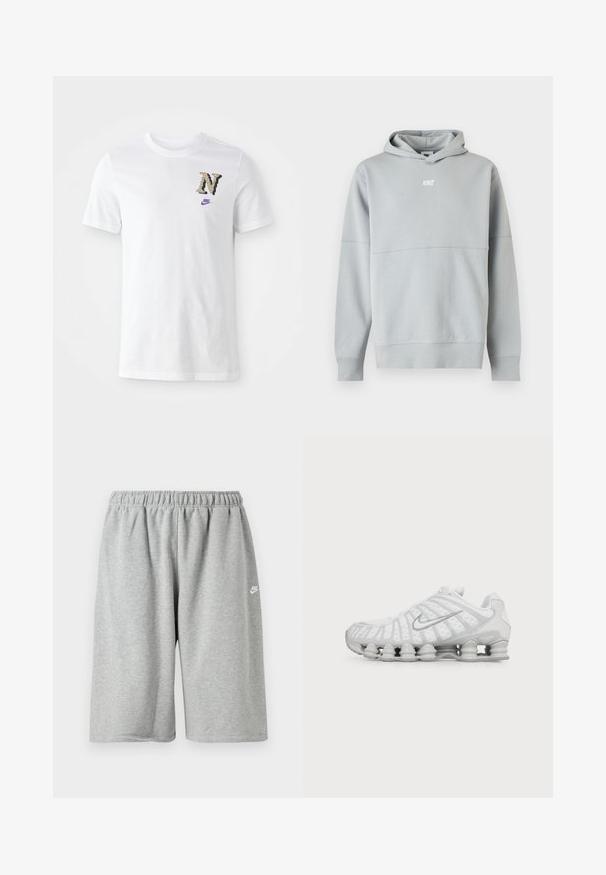 Sweat à capuche Nike gris clair avec logo sur le devant, manches longues et capuche, présenté sur un fond blanc uni.; T-shirt en coton blanc avec un logo "N" au motif camouflage et un petit swoosh Nike violet sur la poitrine. Design classique à col rond.; Shorts en coton gris avec une taille élastique, offrant une coupe ample et un petit logo blanc près de l'ourlet. Texture lisse, longueur au-dessus du genou.; Chaussure de running blanche Nike avec semelle à coussin d’air visible et logo swoosh argenté sur le côté, vue de l'extérieur.