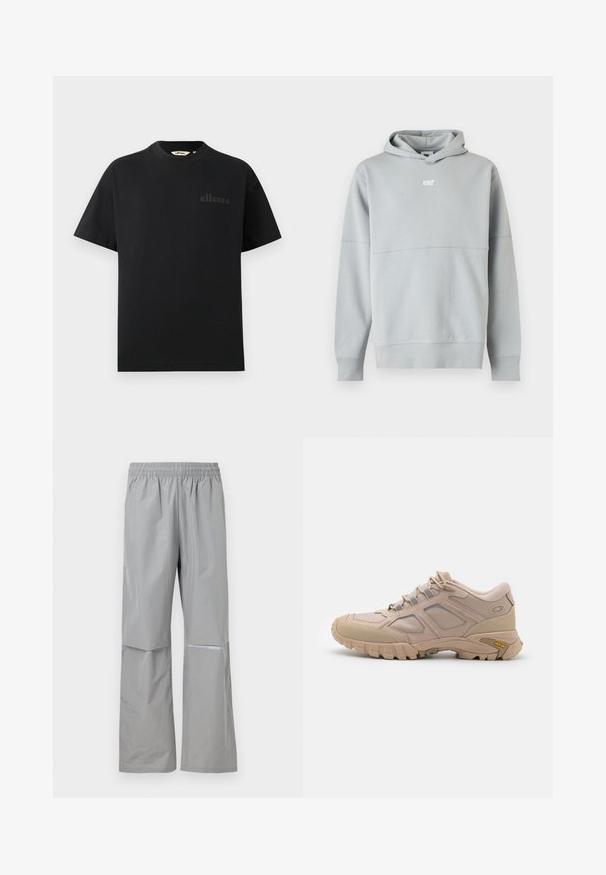 Svetlosivá mikina Nike s kapucňou, predným logom a dlhými rukávmi, zobrazená na bielom pozadí.; Čierne bavlnené tričko so štandardným okrúhlym výstrihom a krátkymi rukávmi. Na hrudi má jemne vyrazené logo.; Svetlosivé nepremokavé nohavice s elastickým pásom a reflexnou páskou na pravej nohe, určené na vonkajšie použitie.; Béžová športová obuv s textúrovanou sieťovinou na vrchu, syntetickým prekrytím a podrážkou Vibram. Obsahuje systém šnurovania a detaily na bočných paneloch.