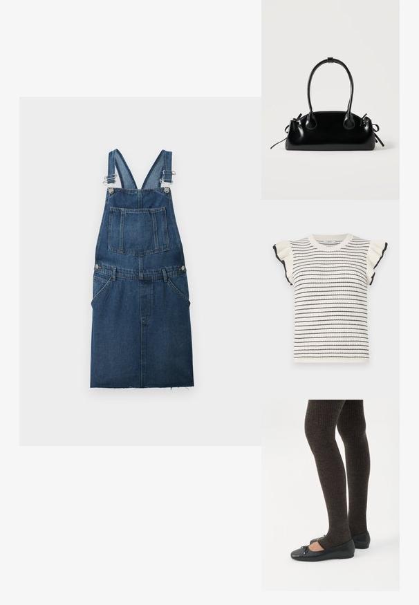 Gestreepte trui in crème met zwarte strepen, met korte, rimpelige mouwen en een geribbelde ronde hals. Zachte textuur en slim-fit ontwerp.; Denim overall jurk in donkerblauw met een vierkante voorzak, verstelbare banden en een rafelige zoom. Beschikt over zijzakken en zilverkleurige hardware.; Benen met donkere geribbelde leggings gecombineerd met zwarte ballerina's met kleine strikdetails op een witte achtergrond.; Kleine zwarte glanzende handtas met twee lange hengsels en zijkant trekkoord details op een effen lichte achtergrond.