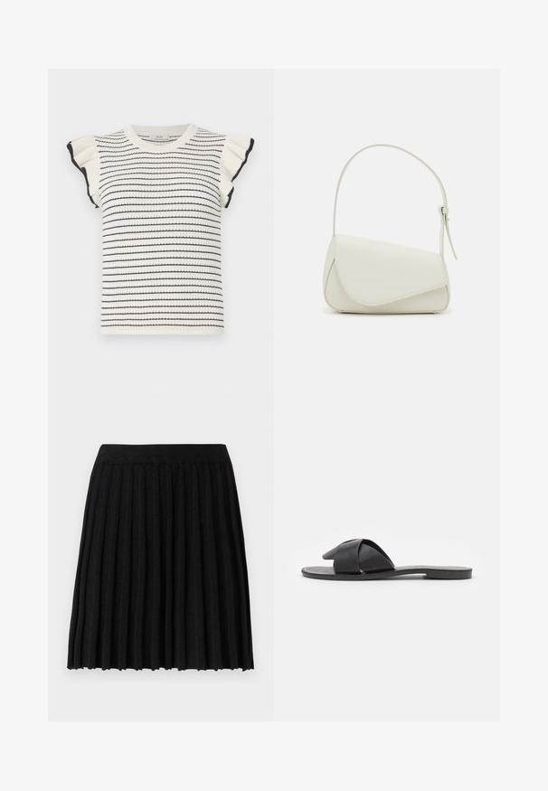 Strikket trøje i creme med sorte striber, med korte flæseærmer og en ribbet rund halsudskæring. Blød tekstur og tætsiddende design.; Vero Moda Knitted VMMARINA Short - Mini skirts - black; Sort slip-on sandaler med krydsede stropper. Fremstillet af glat læder med en flad sål og minimal syning. Enkel, åben tå design.; Hvid taske i faux læder med en struktureret trekantet form, enkelt justerbart skulderstrop og en flaplås med kurver.