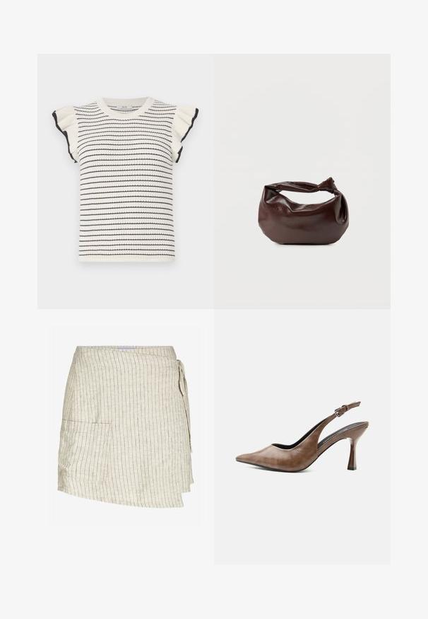 Strikket trøje i creme med sorte striber, med korte flæseærmer og en ribbet rund halsudskæring. Blød tekstur og tætsiddende design.; Beige omslagsskjørt med lodrette striber. Har en sidelomme, strukturert stof og justerbar snorelukning i taljen.; Brun lædersandal med høj hæl, spids tå, justerbar rem med spænde og slank tilspidset hæl.; Mørkebrun læder skuldertaske med en blød, afslappet form og et snoet knudehåndtag på en ensartet hvid baggrund.