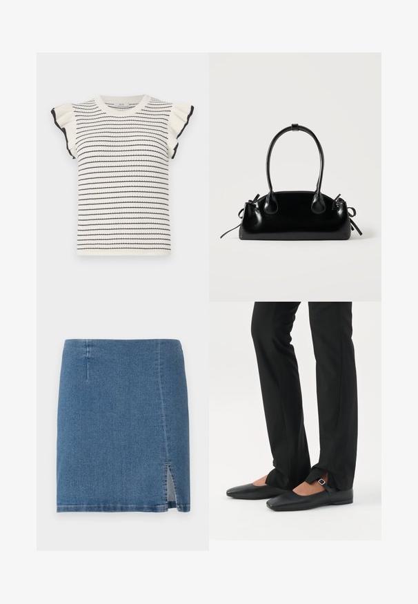 Pull rayé en crème avec des rayures noires, doté de manches courtes à volants et d'un col ras du cou côtelé. Texture douce et coupe ajustée.; Jupe en denim mini en bleu moyen, avec une coupe droite, une légère fente sur le côté et des coutures propres le long de l'ourlet et des coutures.; Jambes vêtues d’un pantalon slim noir avec des fentes à l’avant de l’ourlet, assorties à des chaussures plates Mary Jane noires avec une petite bride à boucle.; Petit sac à main noir brillant avec deux longues anses et des détails à cordon sur les côtés sur un fond clair uni.