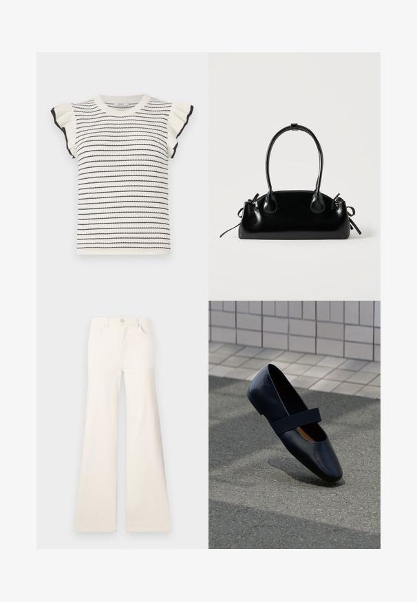 Gestreifter Pullover in Creme mit schwarzen Streifen, mit kurzen, Rüschenelementen und einem gerippten Rundhalsausschnitt. Weicher Stoff und taillierte Passform.; ONLY Wide-fit ONLMADISON High waist Wide Leg Fit - Wide Leg - ecru; Schwarze Leder-Ballerina mit runder Zehenpartie, ausgestattet mit einem weichen schwarzen Elastikband über dem Vorderfuß. Glatte Textur und minimalistisches Design.; Kleine schwarze glänzende Handtasche mit zwei langen Griffen und seitlichen Kordelzug-Details vor einfachem hellem Hintergrund.