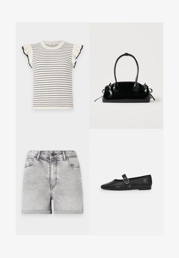 Suéter a rayas en crema con rayas negras, con mangas cortas acampanadas y un cuello redondo de canalé. Textura suave y diseño ajustado.; Pantalones cortos de denim gris con dobladillos enrollados, diseño de cinco bolsillos y cierre central con botón. Textura suave con ligeros detalles de desvanecimiento.; Zapato plano de cuero negro con punta redondeada, una sola correa ajustable con hebilla y una textura suave y brillante. Diseño minimalista con un tacón bajo.; Pequeño bolso negro brillante con dos asas largas y detalles de cordón lateral sobre un fondo claro liso.