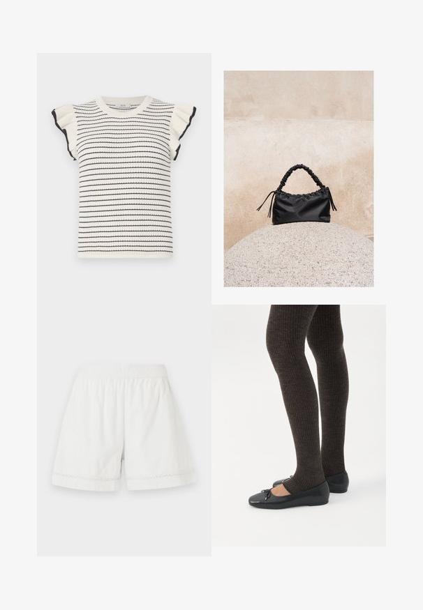 Pull rayé en crème avec des rayures noires, doté de manches courtes à volants et d'un col ras du cou côtelé. Texture douce et coupe ajustée.; Shorts en lin blanc avec une taille élastique, coupe décontractée et bord en dentelle décoratif à l'ourlet. Texture lisse et design décontracté.; Jambes portant des leggings côtelés foncés associés à des ballerines noires avec de petits détails en nœud sur fond blanc.; Sac à main noir froncé avec une poignée froncée, posé sur une sphère en pierre texturée devant un mur en béton beige.
