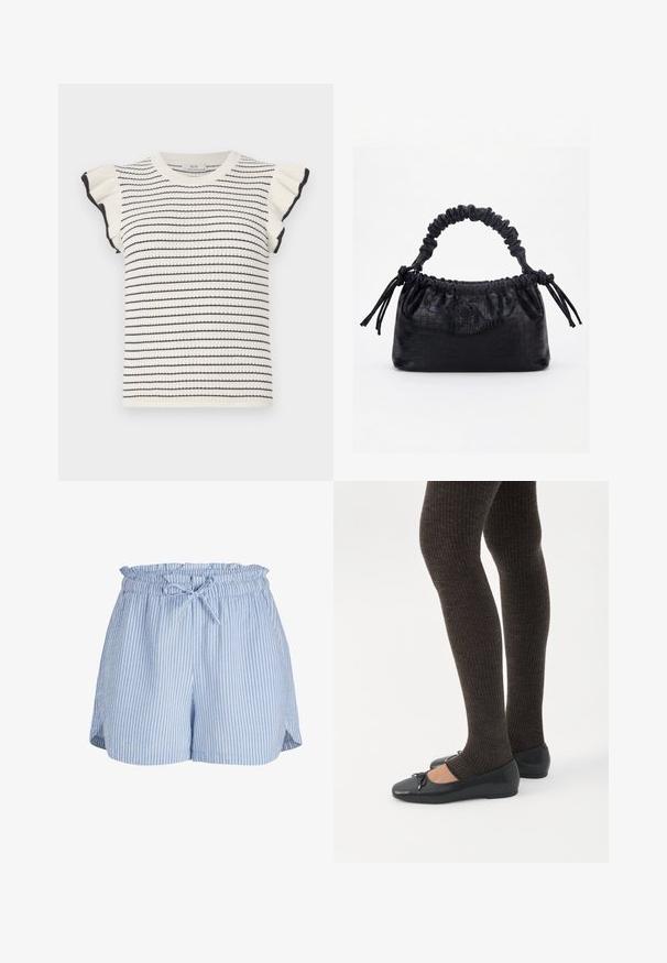 Strikket trøje i creme med sorte striber, med korte flæseærmer og en ribbet rund halsudskæring. Blød tekstur og tætsiddende design.; Lyseblå og hvide vertikale stribede dame shorts med elastisk talje og bundet snøre foran.; Ben iført mørke ribbede leggings kombineret med sorte balletsko med små sløjfedetaljer på hvid baggrund.; Sort taske med krokodilletekstur, rynket øverste kant, samlet hank og snore med kvaster på hver side mod en hvid baggrund.