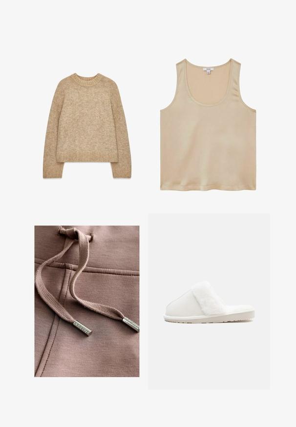 Beiger gestrickter Wollpullover mit langen Ärmeln, geripptem Rundhalsausschnitt, Bündchen und Saum, flach auf weißem Hintergrund präsentiert.; Reiss REGULAR FIT - Bluse - neutral; Staubrosafarbene Kapuzenjacke mit geflochtenen Kordeln. Silberne Metallspitzen mit Branding. Weicher Stoff und glatte Oberfläche.; Weißer Hausschuh mit einem weichen Kunstfellband, Filzoberteil, gepolsterter Sohle und einer strukturierten Gummisohle für rutschfesten Halt. Einfaches, rundes Design.