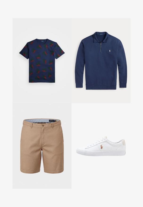Laivastonsininen pitkähihainen pusero neljänneksen vetoketjulla ja pienellä valkoisella polo-pelaajan logolla vasemmassa rinnassa.; T-paita, jossa on laivastonsininen puuvilla ja toistuva punaisen ja vihreän siipikuosiset mallit. Ominaisuuksina pyöreä pääntie ja lyhyet hihat.; Miesten beiget chino-shortsit vyölenkeillä, etunapilla, sivutaskuilla ja Polo Ralph Laurenin brändätyllä sisävyötäröllä.; Valkoinen kangaslenkkari matalalla muotoilulla, jossa on beige kantapää ja pieni brodeerattu logo sivulla. Kumipohja.