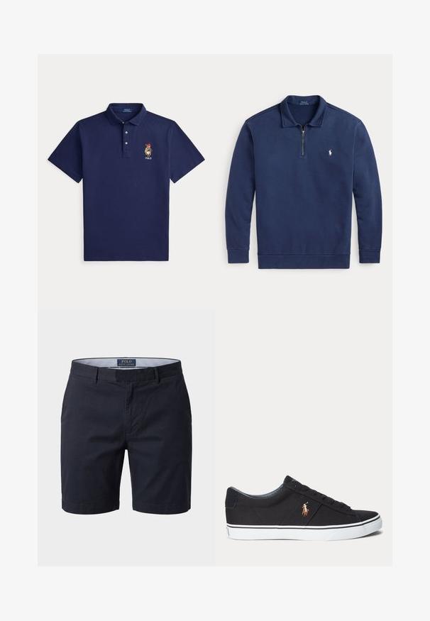 Jersey de manga larga azul marino con cremallera hasta un cuarto y pequeño logo blanco del jugador de polo en el pecho izquierdo.; Polo azul marino de manga corta con cuello, tres botones y pequeño oso bordado que lleva un sombrero y bufanda rojos en el pecho izquierdo.; Shorts para hombre Polo Ralph Lauren en azul marino con pasadores para cinturón, bolsillos delanteros y un forro interior de la cinturilla a rayas.; Zapatilla deportiva negra de corte bajo con suela blanca y logotipo cosido de jugador de polo en el lateral, con cierre de cordones y parte superior de tela texturizada.