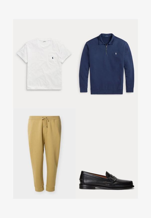 Marineblauer Langarmpullover mit einem Viertelreißverschluss und kleinem weißem Polo-Spieler-Logo auf der linken Brust.; Weißes T-Shirt mit kurzen Ärmeln und Rundhalsausschnitt mit einer Brusttasche, die ein kleines dunkles Polospieler-Logo zeigt.; Hellbraune Jogginghosen mit Kordelzug in der Taille, Bündchen an den Knöcheln, Seitentaschen und kleinem weißen Polo-Spieler-Logo am rechten Oberschenkel.; Schwarzer Lederloafer mit niedrigem Absatz und Pennyriemendetail, von der Seite auf hellgrauem Hintergrund gezeigt.