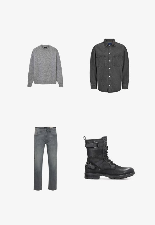 Pull gris à manches longues en maille avec col rond, poignets et ourlet côtelés, présenté sur fond blanc.; Veste en denim noir avec un devant à boutons, deux poches poitrine et des manches longues. Dispose d'un col pointu et de pressions argentées.; Jean en denim gris avec une coupe droite. Comprend cinq poches, une fermeture à bouton et des détails texturés subtils. Taille moyenne.; Kazar HEARD - Bottines de cowboy / motard - black