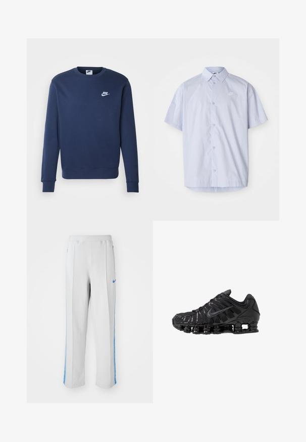 Donkerblauwe Nike-sweater met lange mouwen, ribgebreide boorden en zoom, ronde halslijn en wit logo op de borst. Gemaakt van zachte stof.; Lichtblauw overhemd met korte mouwen, gemaakt van gladde stof, met een knoopsluiting en een klein wit Nike-logo op de borst.; Lichtgrijze sportbroek met blauwe zijstrepen, met een relaxte pasvorm, elastische tailleband en ritszakken. Nike-logo aan de voorkant.; Zwarte sportschoenen gemaakt van mesh en synthetische materialen, met een opvallend golvend ontwerp, zwarte rubberen zool en reflecterende accenten.
