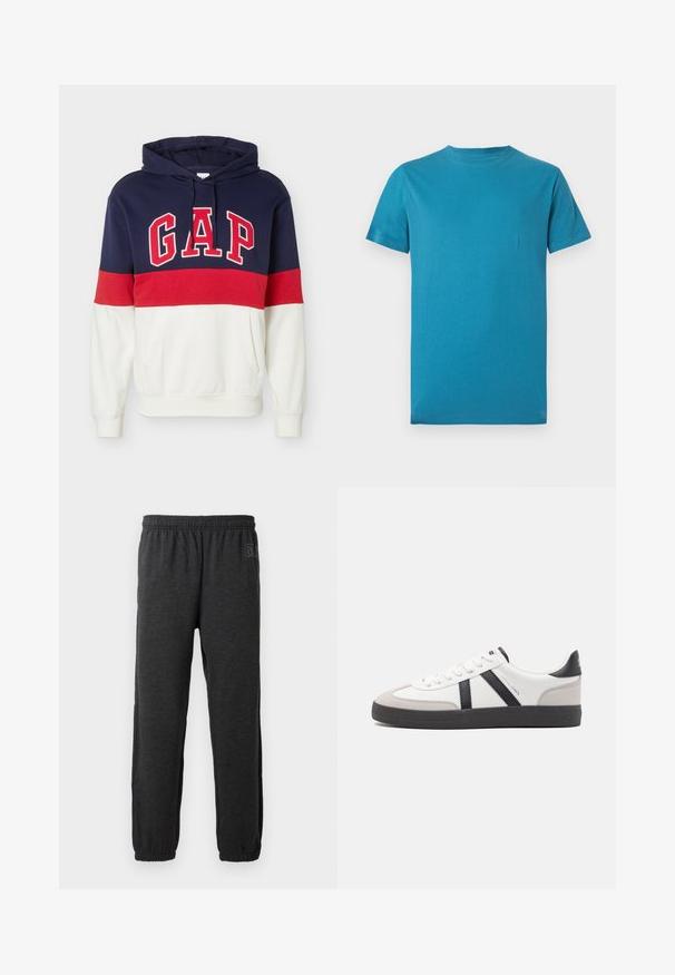 Hoodie in navy, rood en wit kleurvlakken met voorvak en "GAP"-logo in grote rode en witte letters op de borst.; Effen blauw T-shirt met korte mouwen en ronde hals, plat uitgespreid op een witte achtergrond.; Grijze sweatpants van zacht materiaal, met een elastische tailleband en taps toelopende benen met elastische boorden. Subtiele logo-detail op een been.; Witte sneaker met zwarte en grijze accenten, voorzien van een grijze neus met textuur, zwarte rubberen zool en platte witte veters. Schoon ontwerp, minimalistische stijl.