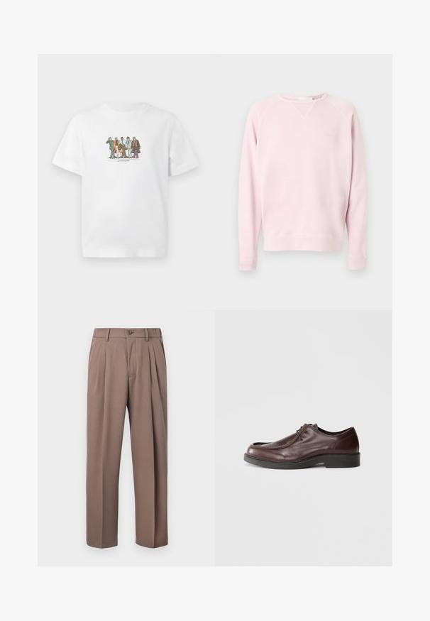 Lichtroze longsleeve sweater met ronde hals en subtiele "CLOSED" tekst geborduurd op de linkerborst.; Witte T-shirt met illustratie van vijf diverse mannen in pakken die zelfverzekerd naast elkaar lopen, met aktetassen en telefoons in de hand.; Bruine geplooide broek met ceintuurlussen, knoopsluiting aan de voorkant en ritssluiting, afgebeeld tegen een witte achtergrond.; Bruine leren nette schoen met een ronde neus, minimale stiksels en een stevige zwarte zool. Voorzien van vetersluiting en een gladde textuur.