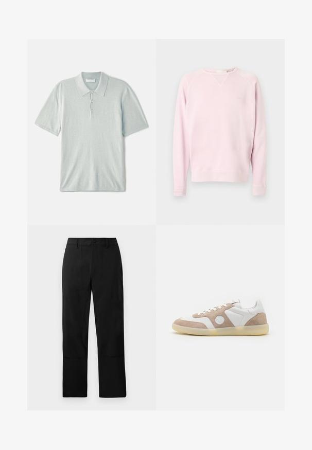 Lyserød langærmet sweatshirt med rund hals og diskret "CLOSED" broderet tekst på venstre bryst.; Lys blå polo shirt lavet af blødt stof, med klassisk krave, tre-knaps lukning og korte ærmer. Minimalistisk design.; Sorte bukser lavet af et glat stof, med flad front, to forlommer og lige ben med diskrete syninger detaljer.; Hvide og tan sneakers med et design i ruskind og læder, rund emblem og en gennemskinnelig gummisål. Diskrete syninger.