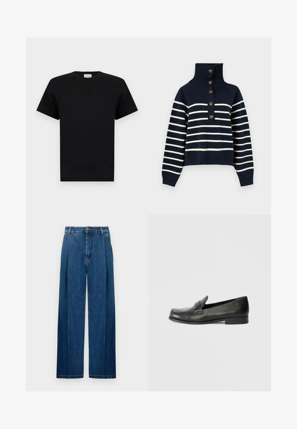 Pull en maille bleu marine avec des rayures horizontales blanches, col côtelé haut et cinq boutons bruns sur le devant.; T-shirt noir à manches courtes et col rond avec une petite étiquette blanche au niveau du col affichant le nom de la marque "CLOSED."; Pantalons en denim à jambes larges de couleur bleu foncé, avec des plis frontaux, une fermeture à bouton et des coutures classiques le long des coutures. Texture lisse tout au long.; Mocassins en cuir noir avec un bout arrondi, des détails de couture surélevés et un talon bas empilé. Texture lisse avec un éclat subtil.