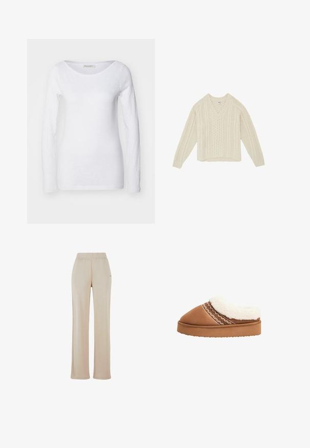 Wrangler LONG SLEEVE V NECK CABLE - RELAXED FIT - Neule - ivory; Valkoinen pitkähihaisella paita, jossa on pyöreä kaula-aukko. Valmistettu pehmeästä, tekstuuritetusta kankaasta. Ominaisuuksina rento istuvuus ja saumattomat hihansuut.; Beige, leveleijärjet vägansštečemar mātunin, ar elastisku vidukli un smalkiem sānu šuvēm. Izgatavoti no mīksta, teksturēta materiāla. Nav redzamu logotipu.; Ruskea tossu, jossa on pehmeä valkoinen fleecekaulus, tekstiilisuede päällinen ruskealla kuvioidulla raidalla ja paksu kumipohja.