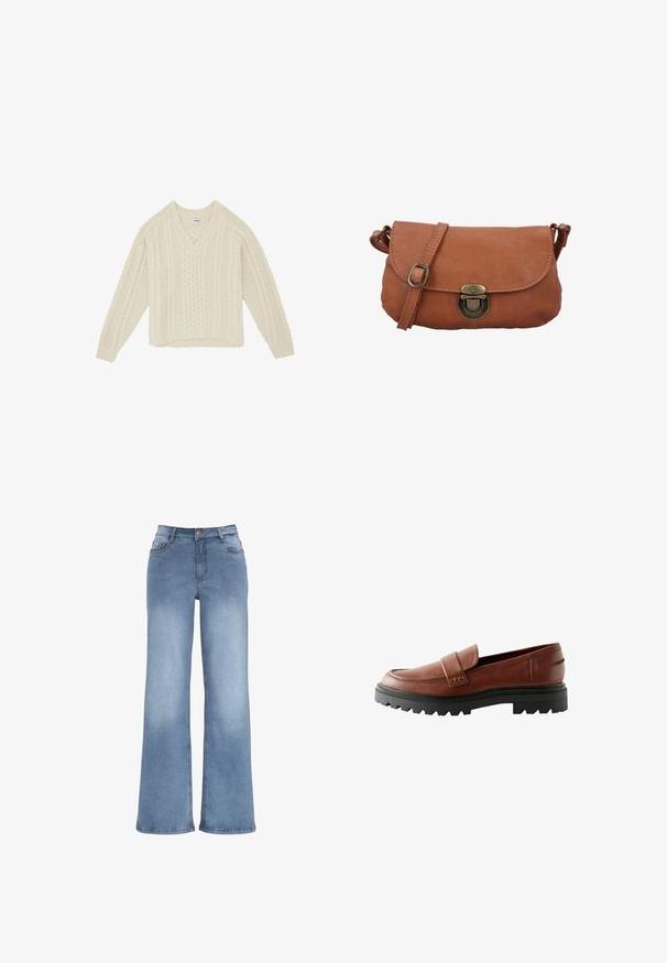 Wrangler LONG SLEEVE V NECK CABLE - RELAXED FIT - Strickpullover - ivory; Hellblaue weit geschnittene Jeans aus Denim. Verfügt über einen Knopfverschluss, fünf Taschen und Akzente durch Sticherei. Glatte Textur mit leichter Ausbleichung.; Braune Lederloafers mit einer erhöhten Zehenkappe, dekorativem Riemen und einer strukturierten schwarzen Gummisohle mit deutlich ausgeprägtem Profil.; Kleine braune Leder-Crossbody-Tasche mit verstellbarem Tragegurt und antikbrassfarbenem Verschluss auf der Vorderklappe.