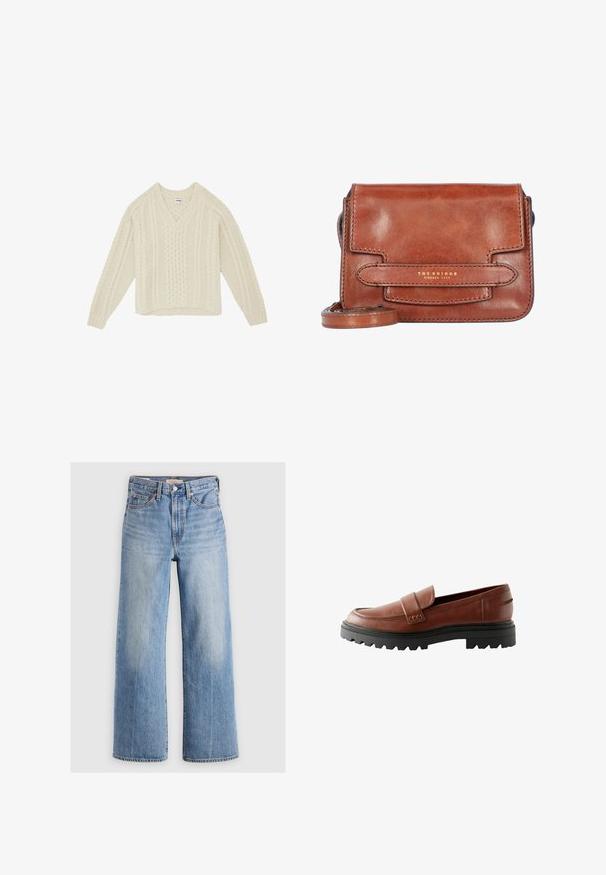 Wrangler LONG SLEEVE V NECK CABLE - RELAXED FIT - Pullover - ivory; Jeans larges en denim bleu clair avec une taille haute, zones décolorées, cinq poches et coutures contrastées. Fermeture classique à bouton et à glissière.; Mocassins en cuir marron avec un bout surélevé, une sangle décorative et une semelle en caoutchouc noir texturé avec un profil prononcé.; Sac en cuir marron à bandoulière avec une texture lisse, doté d'une fermeture à rabat, d'un détail de logo doré et d'une sangle réglable.