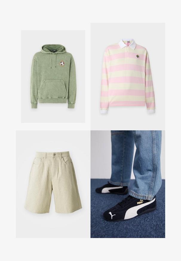 Sudadera con capucha color verde oliva con bolsillo tipo canguro frontal, capucha con cordón ajustable y un pequeño parche de un globo terráqueo dentro de un pentágono naranja en el lado izquierdo del pecho.; Polo de manga larga con anchas rayas horizontales rosas y crema, cuello y puños blancos, y un pequeño logo bordado en colores en el pecho.; Pantalones cortos de cuadros beige, fabricados en un tejido ligero, con dos bolsillos laterales, un cierre de botón y un diseño de ajuste relajado.; Zapatillas de ante negras con acentos blancos, que presentan un logo dorado. Combinadas con unos jeans de mezclilla azul claro y colocadas sobre una superficie texturizada azul.