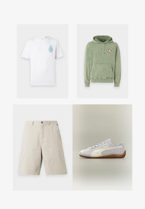 Sweat à capuche vert olive avec poche avant kangourou, capuche à cordon de serrage et un petit patch globe à l'intérieur d'un pentagone orange sur le côté gauche de la poitrine.; T-shirt blanc à manches courtes avec col rond, orné d'un petit dessin d'œil bleu à l'intérieur d'une forme de goutte sur le côté gauche de la poitrine.; Shorts en tissu beige à coupe décontractée, dotés d'une fermeture à bouton, de passants pour ceinture et de poches latérales. Texture lisse avec des détails de couture subtils.; Baskets Puma en daim gris clair avec détail de bande blanche et semelle en gomme, vues de côté extérieur sur fond neutre.