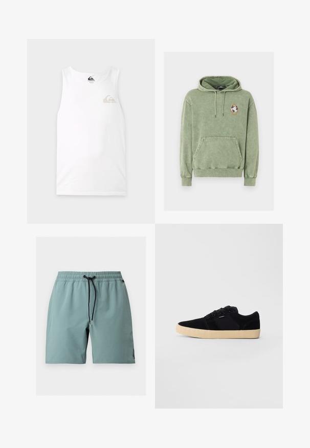 Olivengrøn hættetrøje med frontlomme, snøre i hætten og et lille globusmærke inde i en orange femkant på venstre bryst.; Hvid ærmeløs tank top med et lille gråt og beige Quiksilver-logo på venstre bryst og label inde i nakken.; Lyseblå herre svømmetrusser med elastisk linning, sort justerbar snor og lille logo nær kanten på højre ben.; Sort lavtop sneaker med beige tekstureret sål, snørebånd og lille sidelog på en ensfarvet lysegrå baggrund.