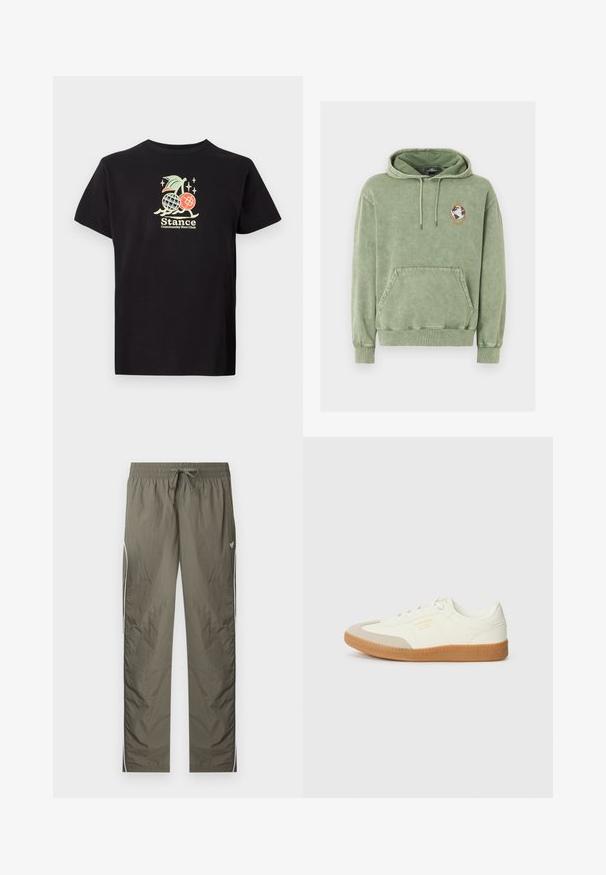 Olijfgroene hoodie met voorzak, capuchon met trekkoord en een klein wereldbol-patch binnen een oranje pentagon op de linkerborst.; Zwarte katoenen t-shirt met een kleurrijke grafische print van een ananas en kersen, tekst luidt "Stance Community Run Club." Korte mouwen.; Lichtgewicht trainingsbroek in olijfgroen met elastische tailleband, trekkoord, witte strepen aan de zijkant en een klein vlinderlogo op de rechterdij.; Schoen gemaakt van wit leer met een beige teenkap en een lichtbruine rubberen zool. Voorzien van platte witte veters en reliëfbranding aan de zijkant.