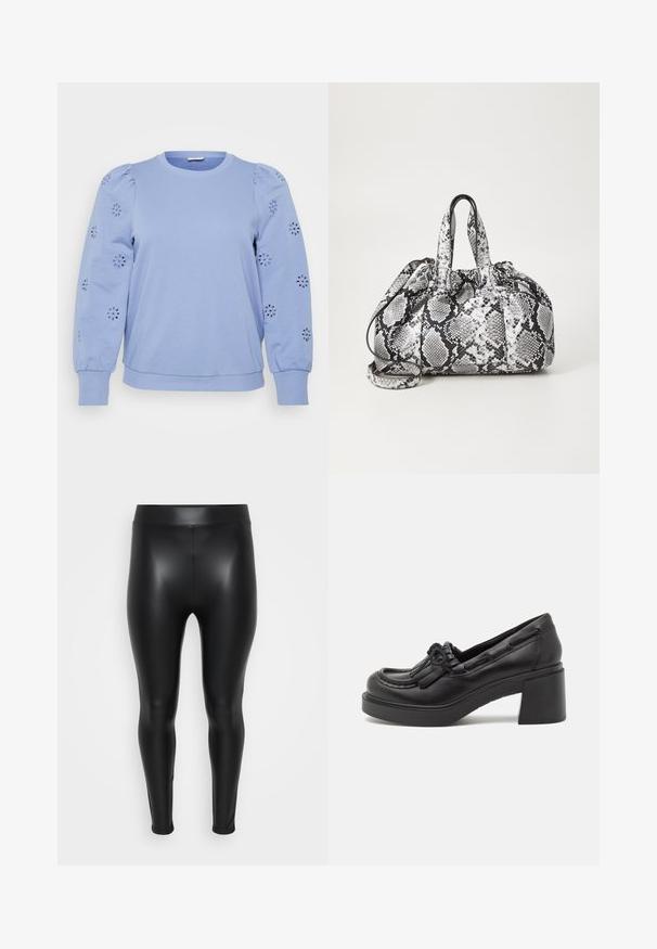 Lyseblå pullover sweatshirt med puffede ærmer, der har blomsterudskæringer på ærmerne samt ribbet kant og manchetter.; Sorte leggings lavet af et glat, skinnende materiale. Høj talje, tætsiddende design, og ingen synlige sømme eller mønstre.; ECCO BY NATACHA RAMSAY-LEVI - METROPOLE SEOUL 45 - Plateaupumps - black; Håndtaske med sort og hvid slidmønster, to håndtag, snøre lukning og aftagelig skulderrem. Glat tekstur.