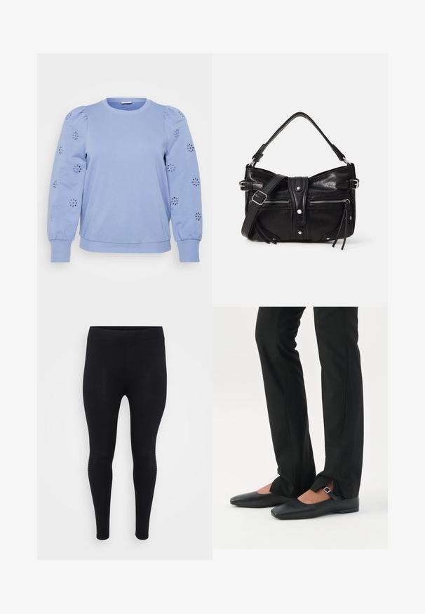 Lichtblauw pullover sweatshirt met opbollende mouwen, met bloemen uitsnijdingen op de mouwen en een geribde zoom en boorden.; Zwarte leggings met een gladde textuur, hoge taille en een aansluitende pasvorm. Bevat subtiele zijdetails langs de naden.; Benen met zwarte smalle broek met voorsplitten aan de zoom, gecombineerd met zwarte platte Mary Jane-schoenen met een klein gespje.; Even&Odd H24462 - Handtas - black
